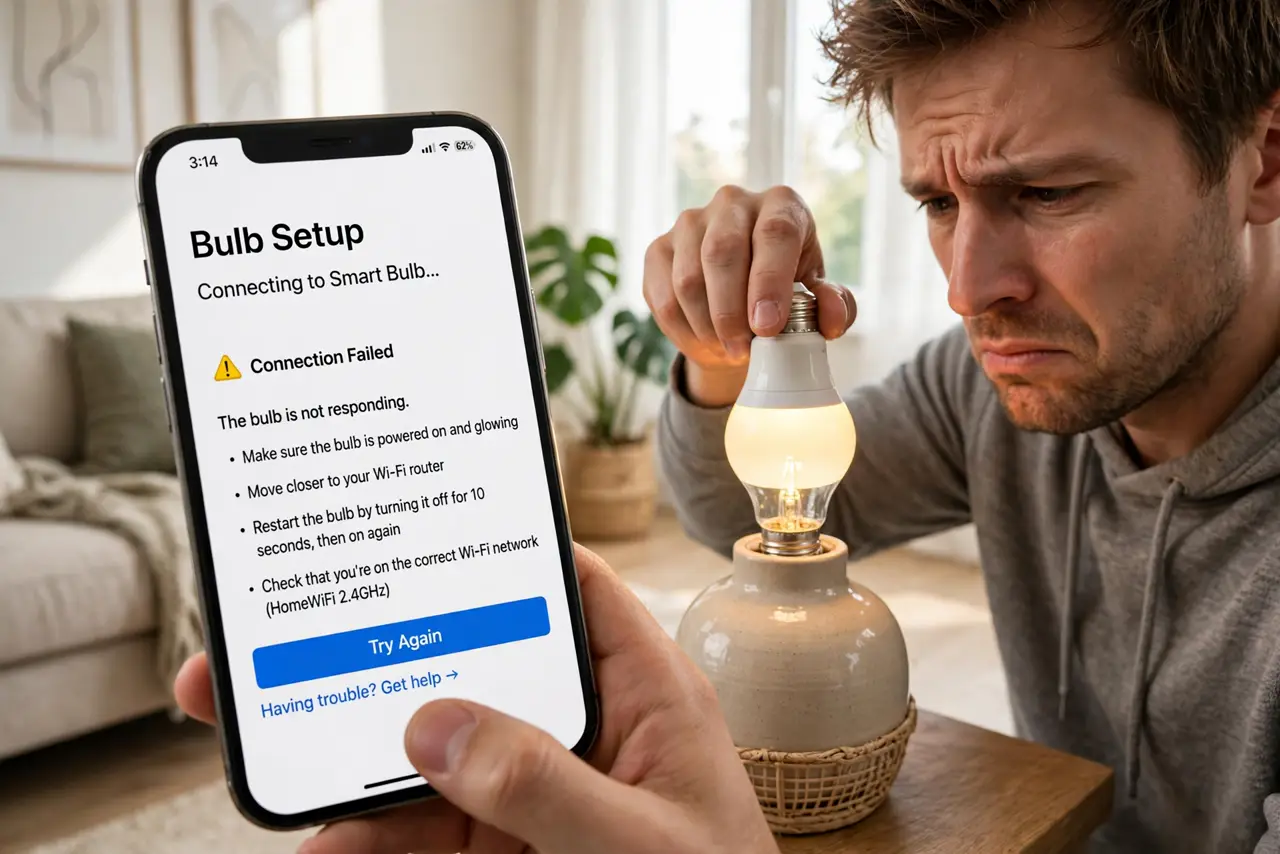 a person screwing a real smart bulb into a real lamp while holding a phone showing the bulb's setup app with legible instructions, the bulb glowing softly, t...