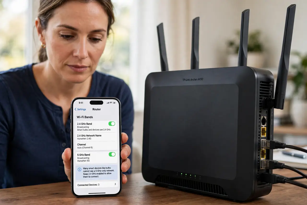 A person performing step 1 of the guide: Confirm the 2.4 GHz band is on. Open the router settings and check that 2.4 GHz is broadcasting. Many bulbs cannot see a 5 GHz-only network at all, which is the most common cause a...
