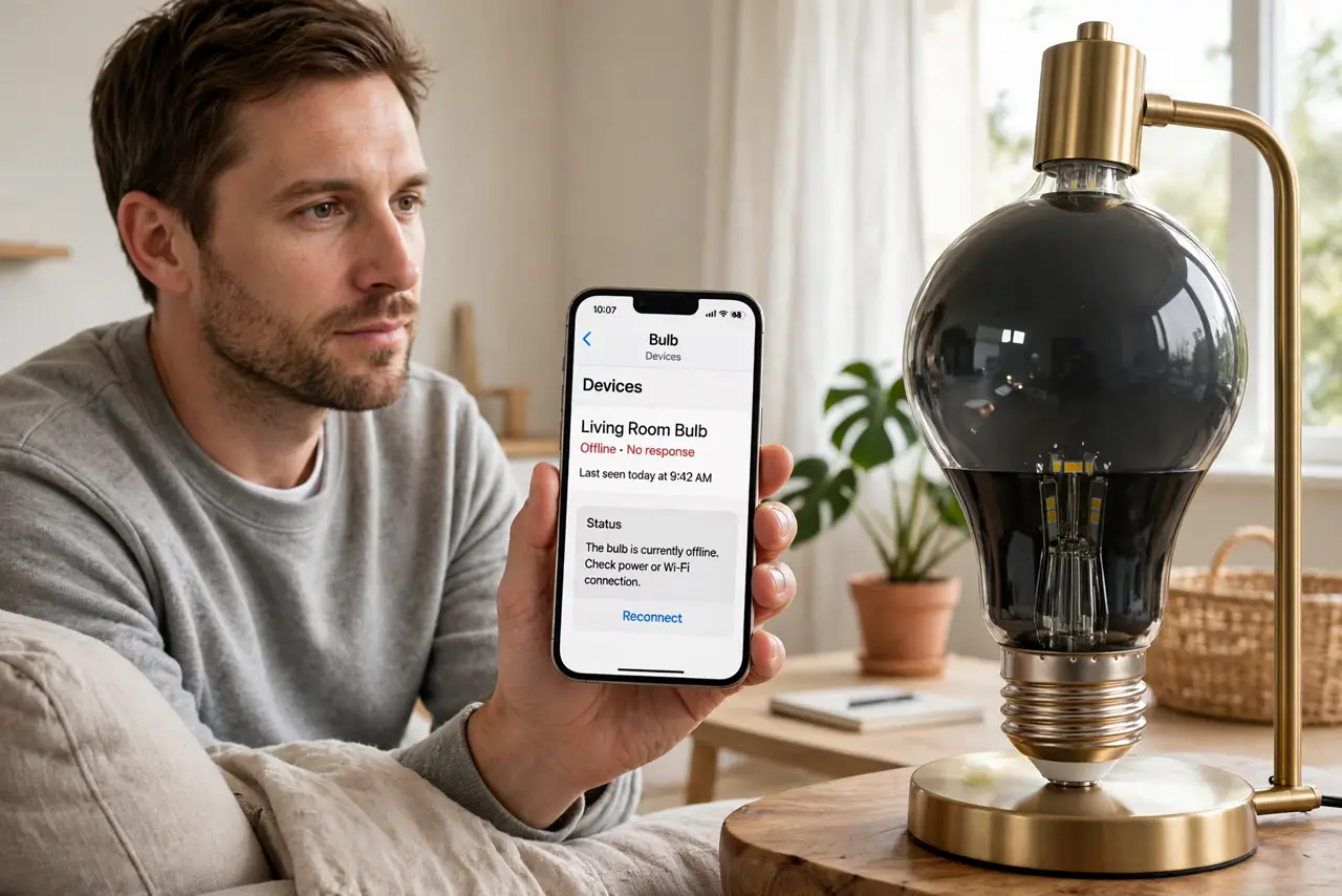 a calm adult in a living room looking at a real smart bulb that stays dark, holding a phone showing the bulb maker's app with the bulb listed as offline, screen text legible. No black screen, no blank white screen, no...