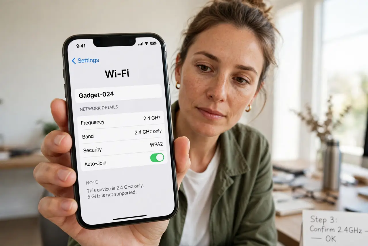 Step 1 in action for Smart Devices Only See 2.4 GHz: Confirm the gadget is 2.4 GHz only.