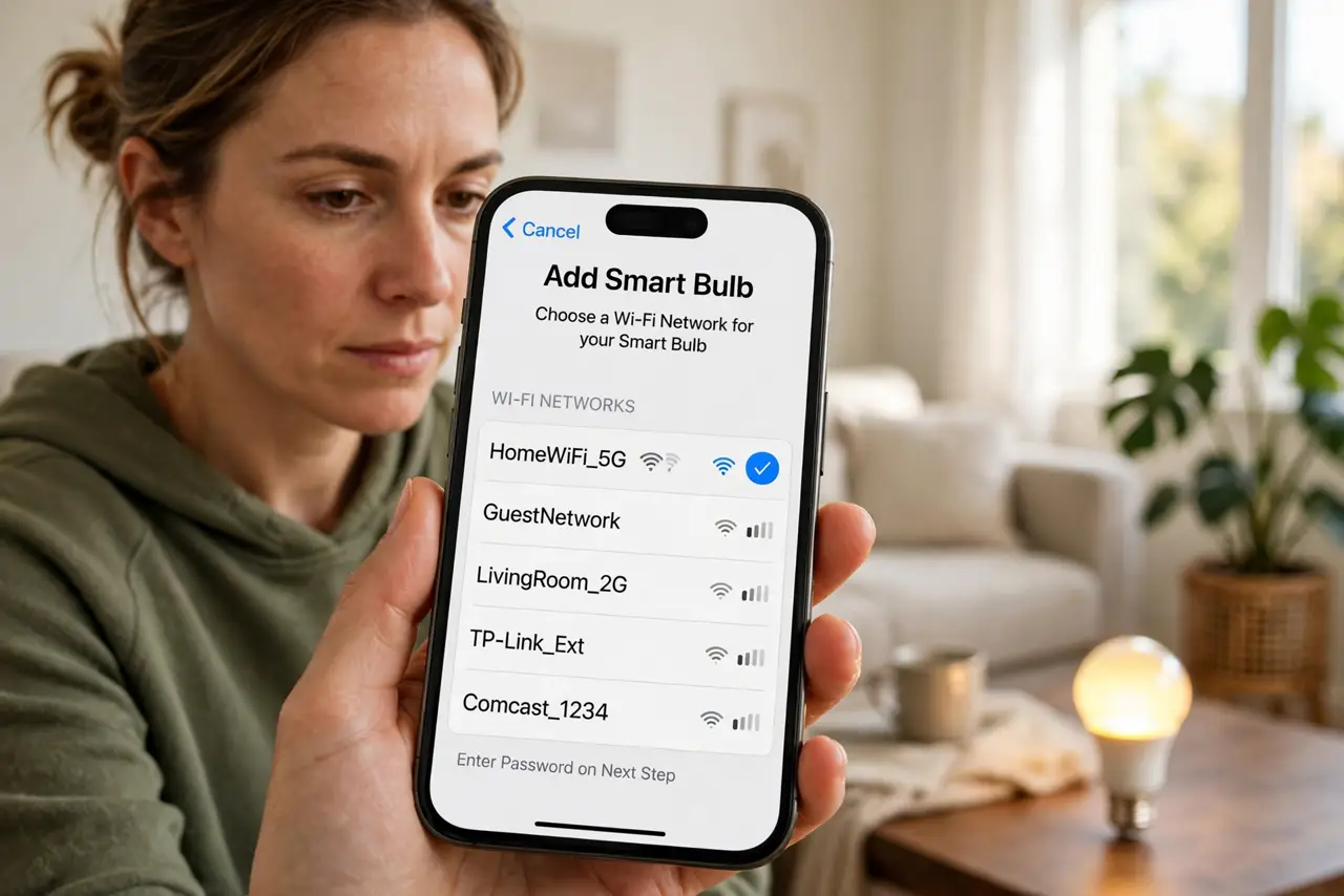 Smart Devices Only See 2.4 GHz — a person holding a real phone showing a smart bulb setup screen with a Wi-Fi list fully legible, a smart bulb