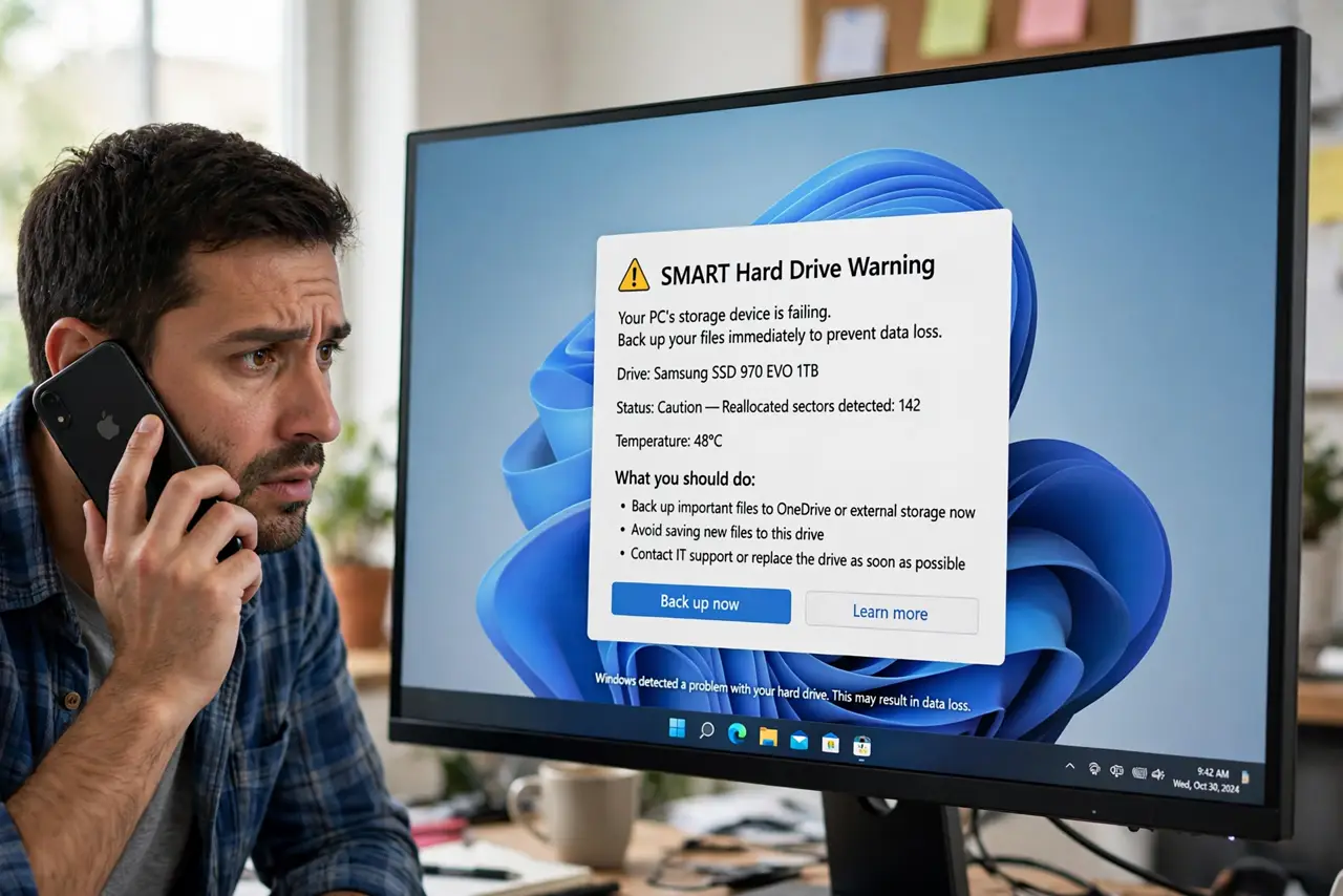 A concerned adult looking at a real computer screen showing a SMART warning message with legible text, the person holding a phone as if about to call for help, focused expression.