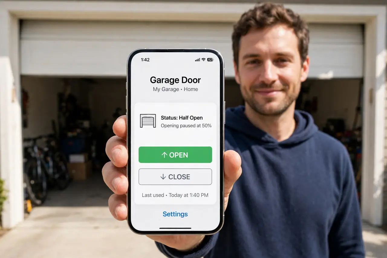 a person holding a real phone showing a garage door app with a legible open/close button, a real garage door half-open behind them in daylight, the person's ...