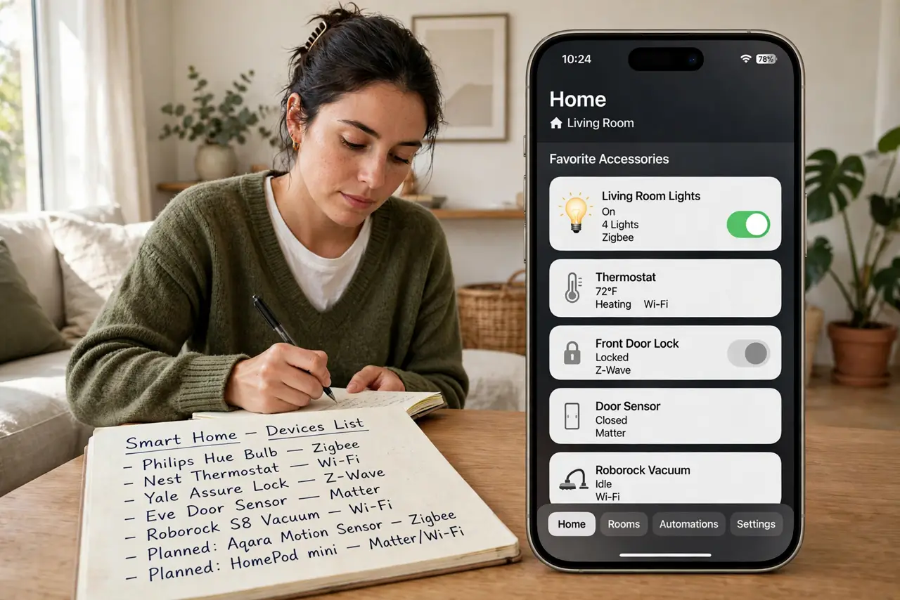Photoreal photo of a person performing the first step: List every smart device you own or plan to buy. Write them down with their protocol: Wi-Fi, ...