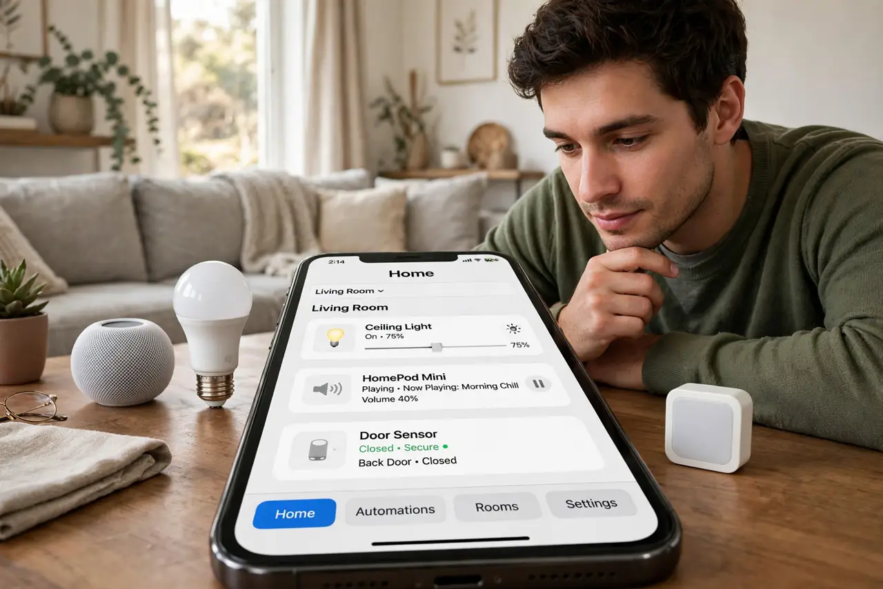 Photoreal photo: a person looking at real smart home devices on a table — a bulb, a speaker, a sensor — with a real phone showing a smart home app, the person's face thoughtful, living room. No black screen, no bla...