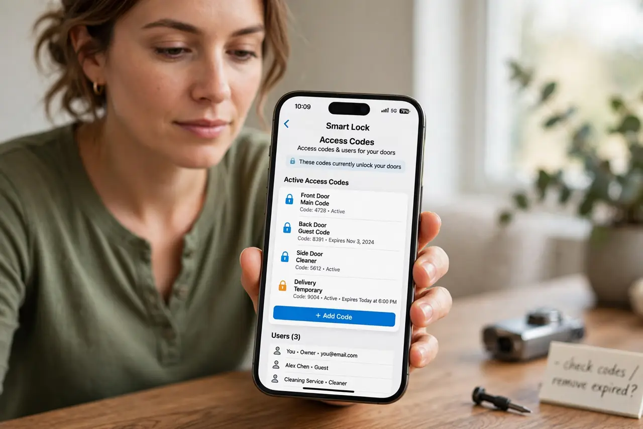 A person performing step 1 of the guide: Open the lock's code list. Open the smart lock app and find the access codes or users section. The list shows every code that opens your...