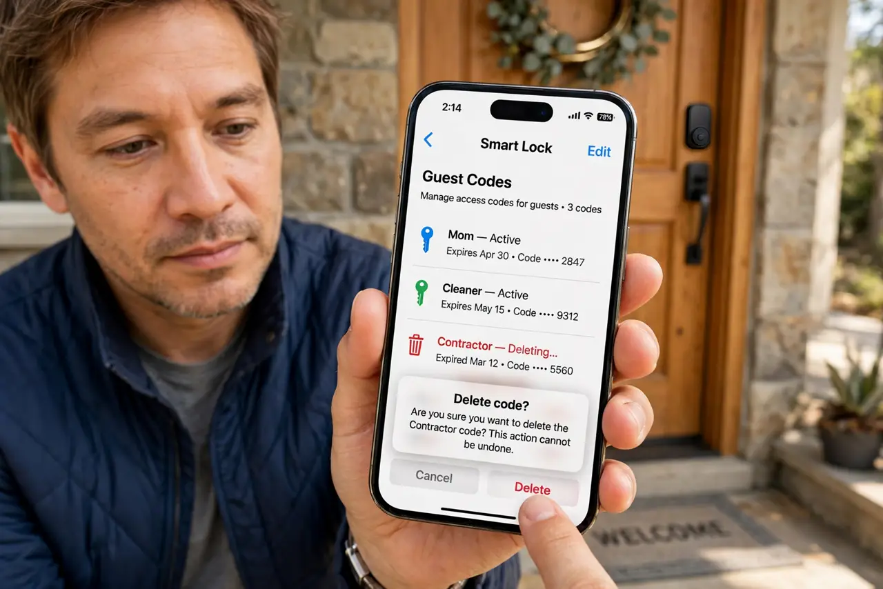 a calm adult at a front door holding a real iPhone showing a normal smart lock app with a guest codes list and legible text, the person deleting an old code