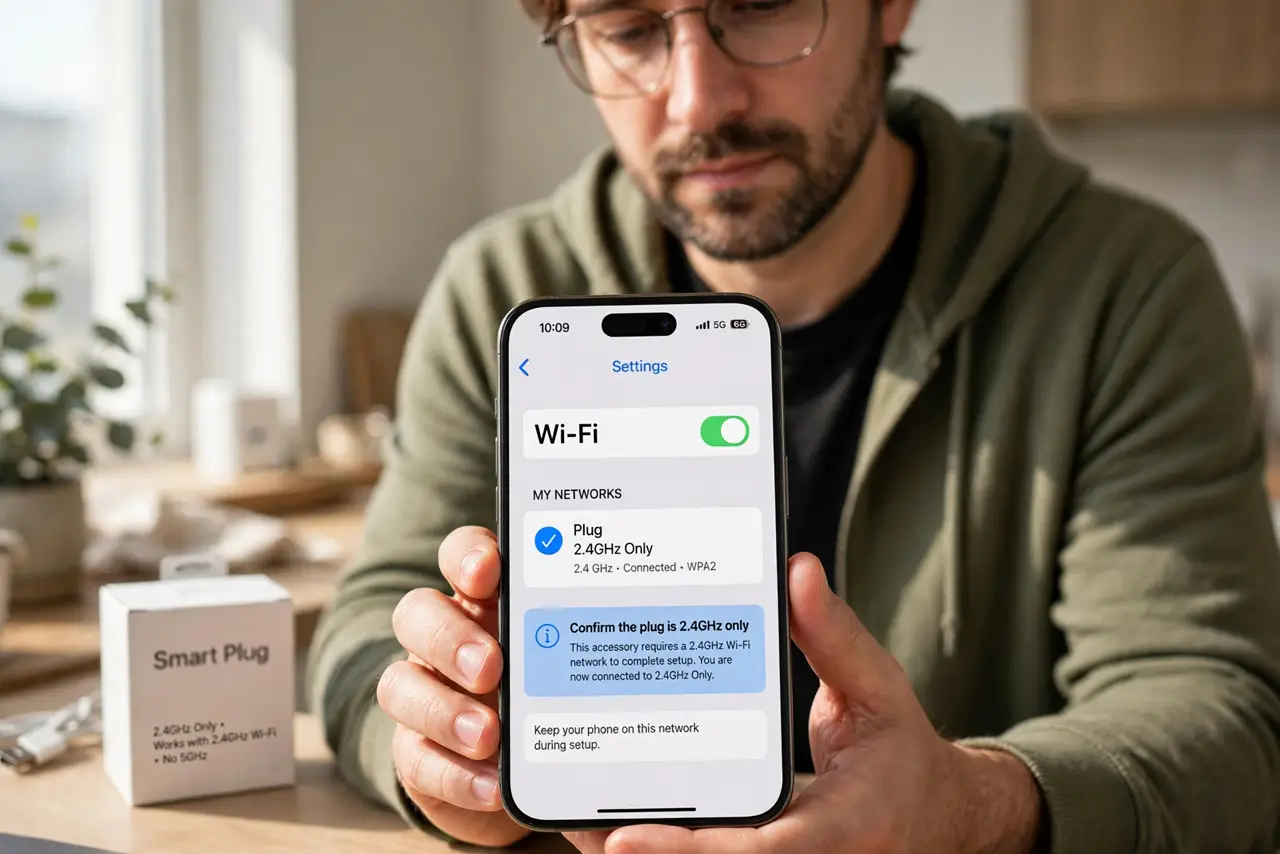 Step 1 in action for Smart Plug Won't Connect to 5 GHz: Confirm the plug is 2.4 GHz only.