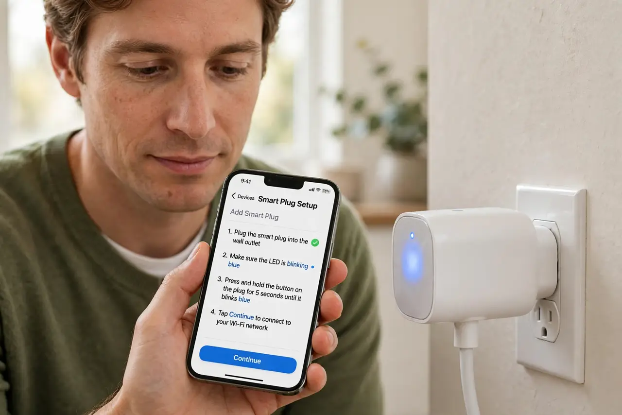 Smart Plug Won't Connect to 5 GHz — a calm adult holding a real phone showing a smart plug setup app with fully legible instructions, a real smart