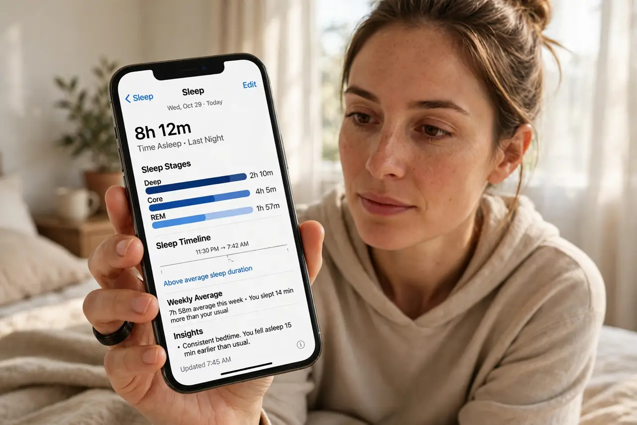 a person wearing a real smart ring on their finger, holding a real smartphone showing a legible sleep-tracking chart, the person's face interested, bedroom m...