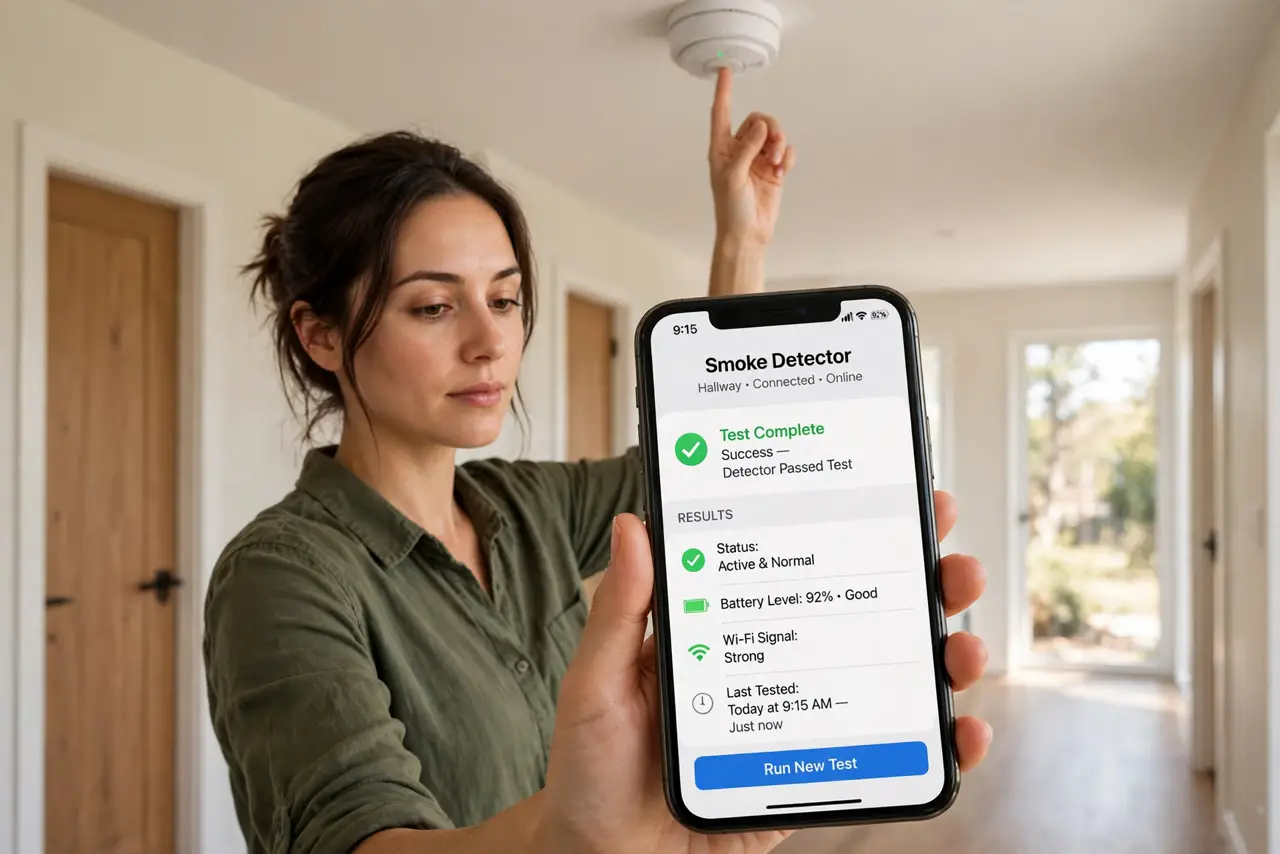 a person testing a real smart smoke detector on a real ceiling with a phone showing the detector's app with legible status, the person's face calm, hallway.