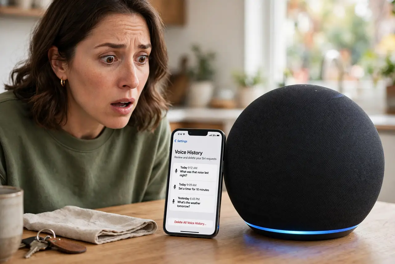 Smart Speaker Records by Accident — a surprised adult looking at a real smart speaker on a table with a phone showing voice history beside it, the