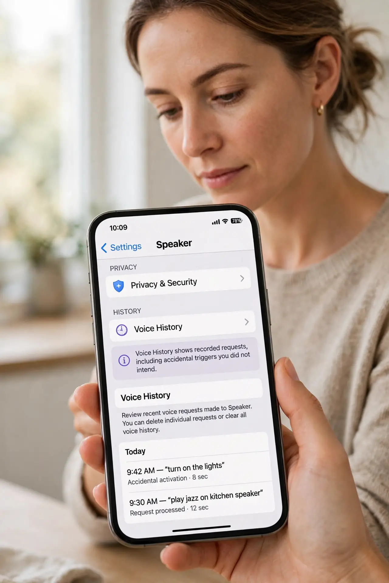 Smart Speaker Recordings Kept by Default? Delete — step 1 being performed on the device.