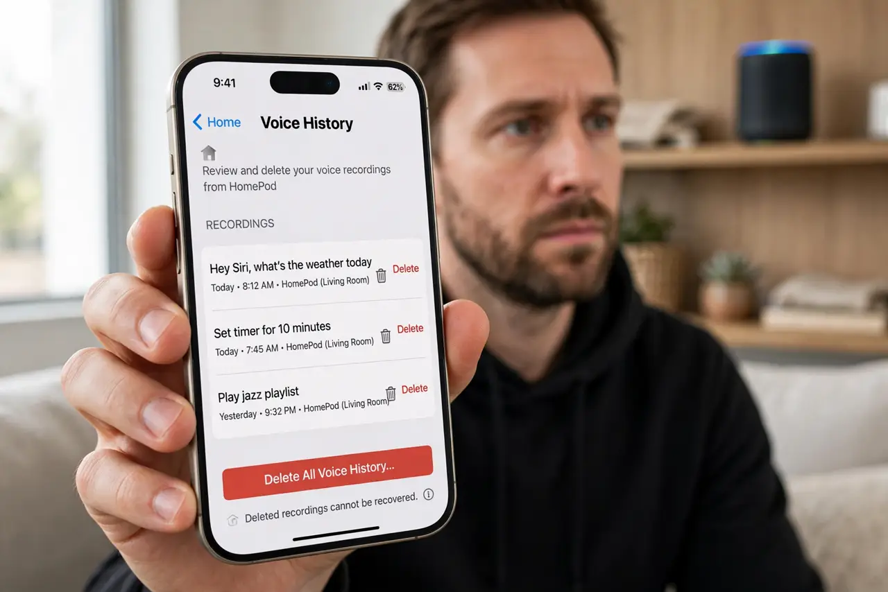 Smart Speaker Recordings Kept by Default? Delete — photo showing the situation described in the guide.