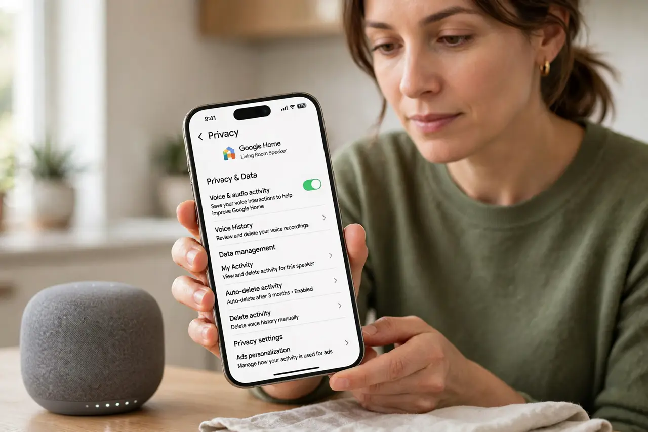 A person performing step 1 of the guide: Open the speaker's privacy settings. Open the companion app for your smart speaker and find privacy, voice history, or data settings....