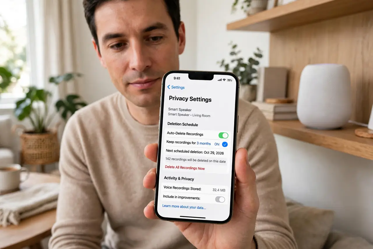 a calm adult in a living room holding a real iPhone showing a normal smart speaker privacy settings screen with a deletion schedule and legible text, a smart speaker on a shelf nearby