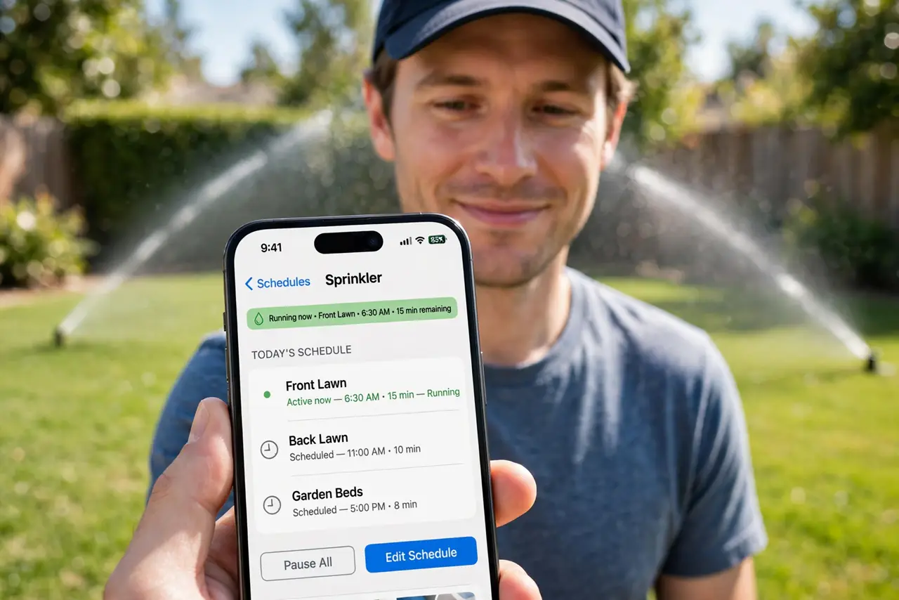 a person holding a real phone showing a sprinkler app with a watering schedule legible, a real green lawn with sprinklers running behind them, the person's f...