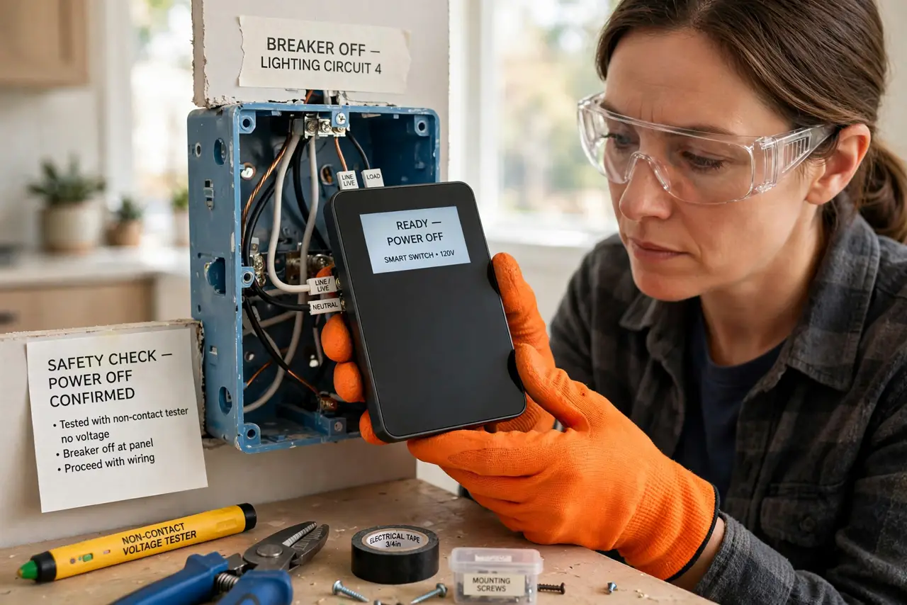 a person installing a real smart light switch into a real wall box with visible wires, wearing safety gloves, a non-contact voltage tester nearby, the person...