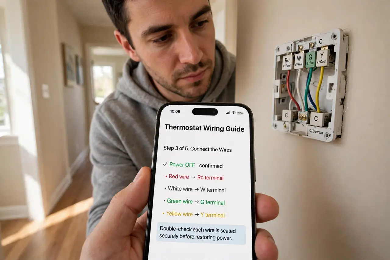a person looking at a real thermostat wiring wall plate with visible colored wires and labels, holding a smartphone, the person's face focused, hallway.