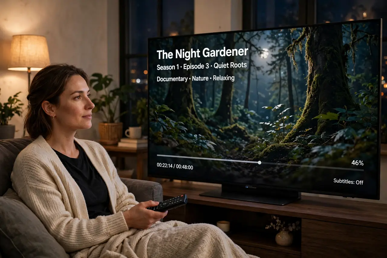 Photorealistic photo: A calm adult in a living room at night holding a real TV remote, the real TV streaming screen visible complete and legible, the person watching calmly.