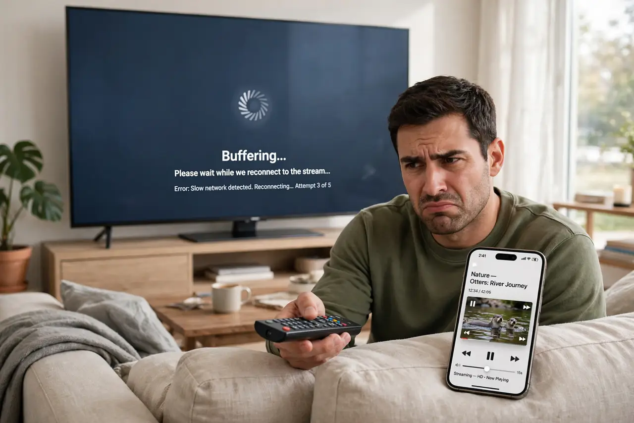 Smart TV Buffers but the Phone Is Fine — a mildly frustrated adult on a couch holding a real TV remote, a real smart TV showing a buffering spinner wit