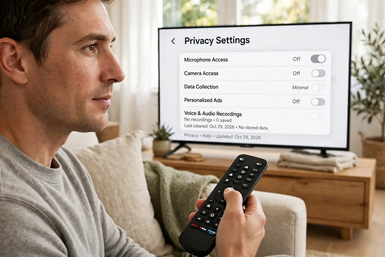 a person pressing the mute button on a real smart TV remote, the TV showing a legible privacy settings screen, living room couch, the person's face calm and in control.