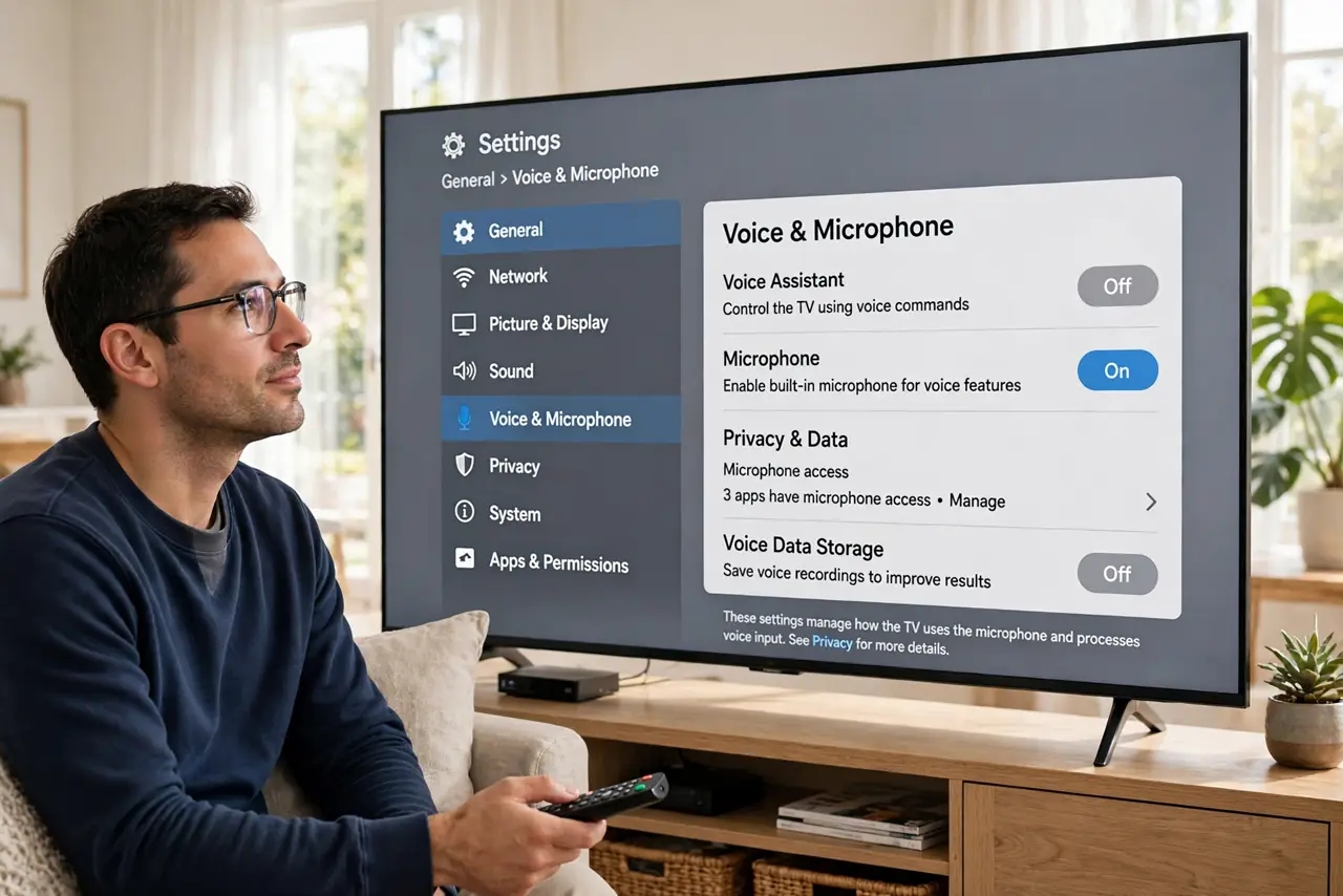 A person performing step 1 of the guide: Find the voice and microphone settings. Open the TV's settings and look under voice, microphone, privacy, or general. Makers bury these...