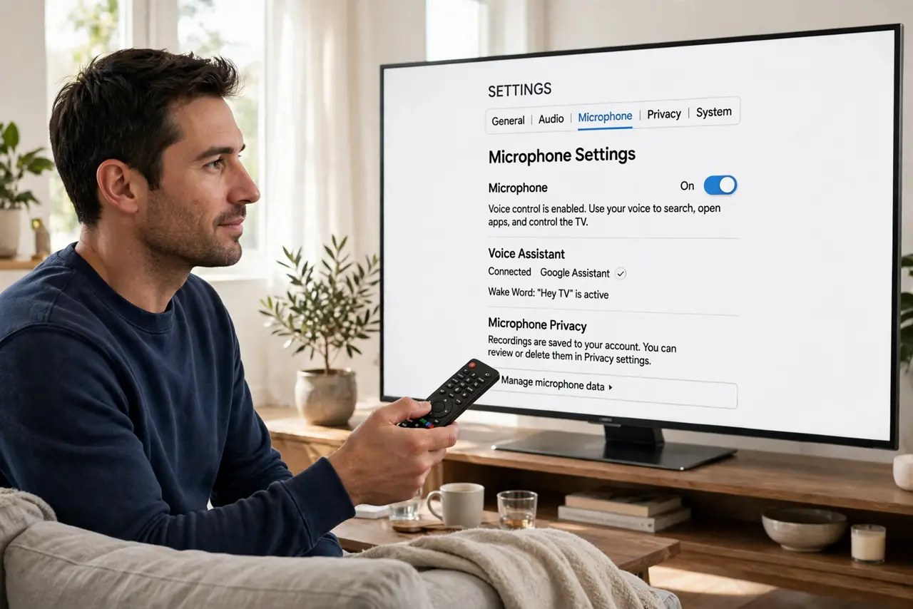 a calm adult in a living room holding a real TV remote, a real smart TV showing a normal settings menu with a microphone option and legible text, the person navigating it