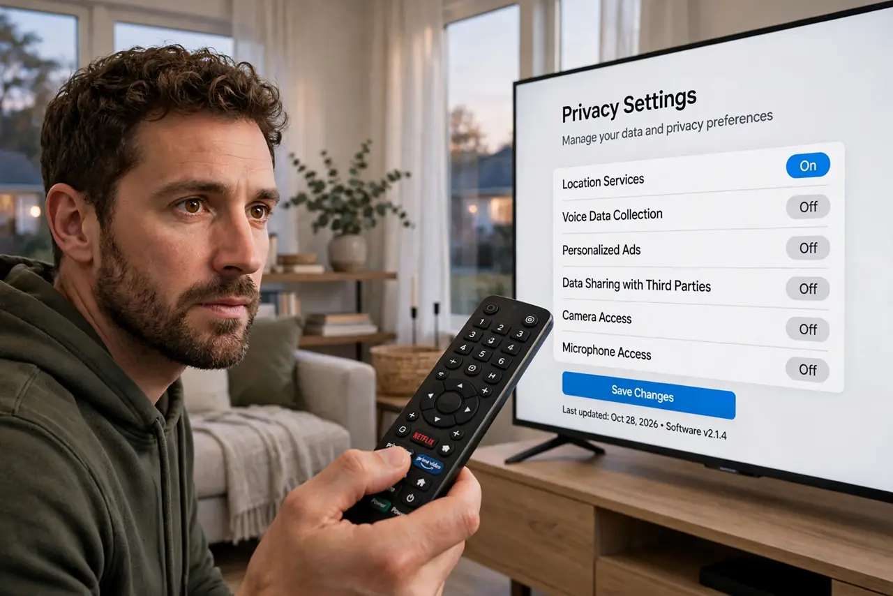 A person holding a real TV remote pointed at a large smart TV showing a privacy settings menu with legible options, the