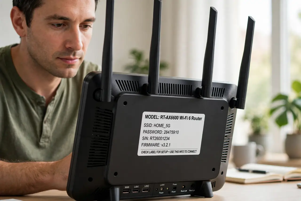 Person performing step 1: Check the router label. Look at the label on the router for the original Wi-Fi password. If the password was never changed, the label...