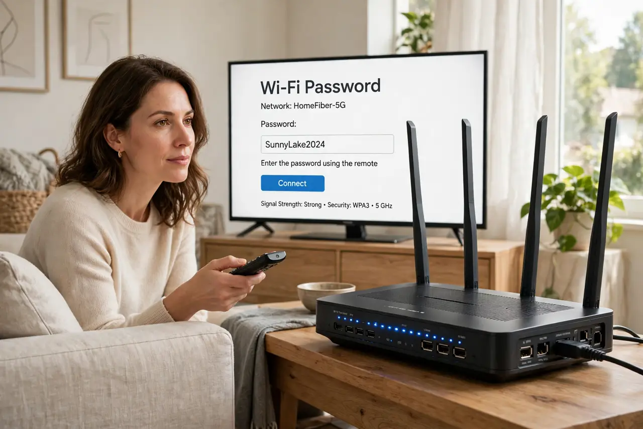 Photorealistic photo: A calm adult in a living room holding a real TV remote near a real router, the real TV Wi-Fi password screen visible complete and legible, the person checking calmly.