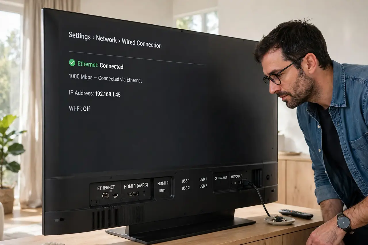 Step 1 in action for Smart TV Slow on Wi-Fi: Check the TV has an ethernet port.