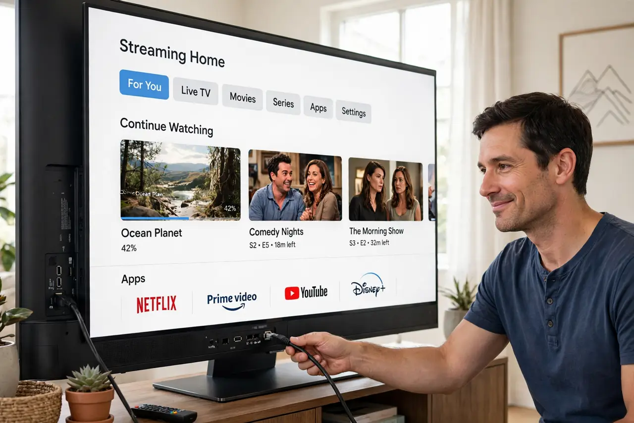Smart TV Slow on Wi-Fi — a calm adult plugging a real ethernet cable into the back of a real smart TV, the TV screen showing a crisp st