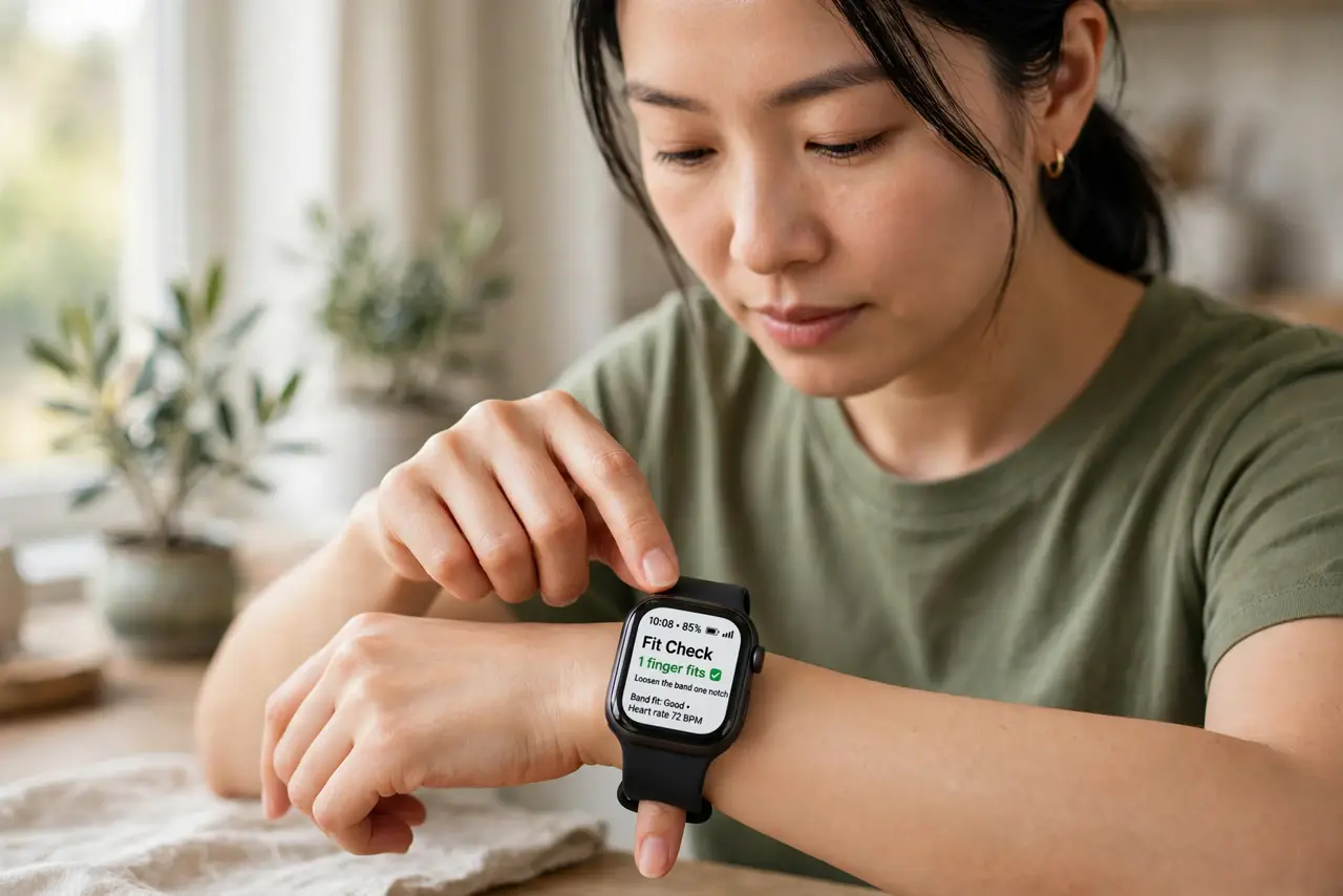 A person performing step 1 of the guide: Loosen the band one notch. Slide one finger under the band; if you cannot, it is too tight. A too-tight band traps sweat and rubs the...