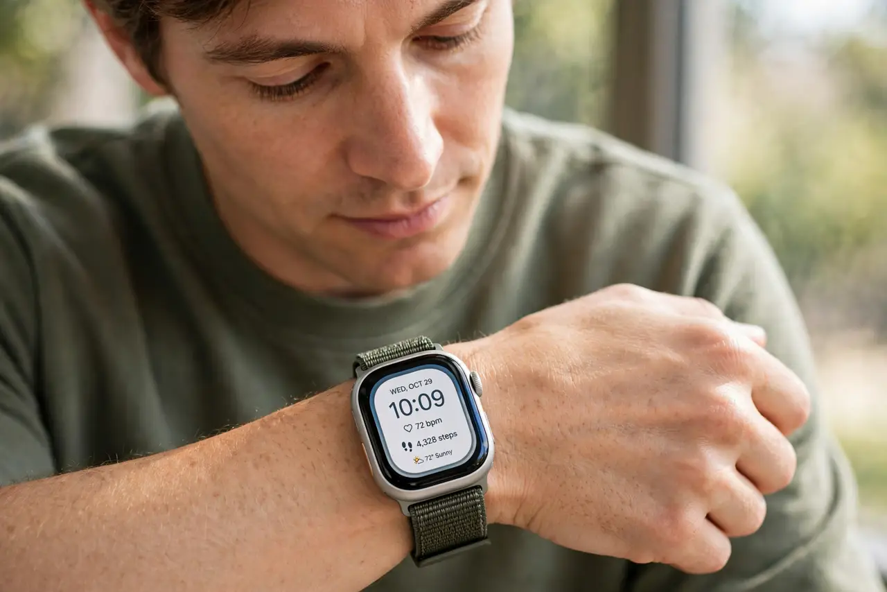 a calm adult looking at their wrist wearing a real smartwatch with a normal band, the skin under the band visible and calm, the watch screen showing a normal face with legible text
