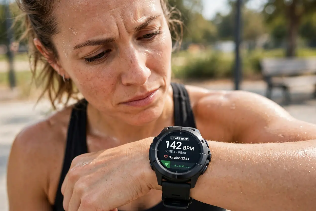 A focused adult mid-workout wearing a real smartwatch, glancing at the watch screen showing a heart-rate reading with legible text, slightly skeptical expression.