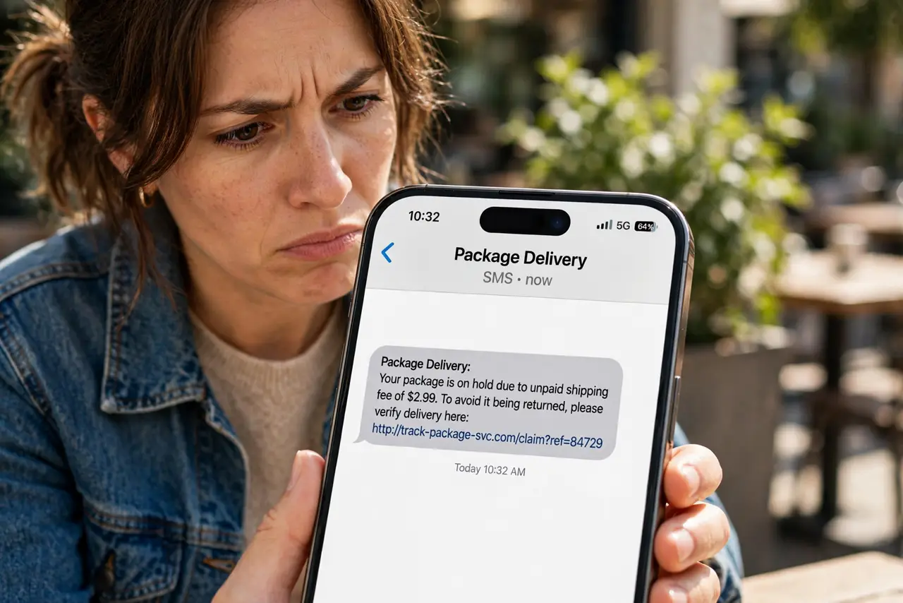 a person examining a real phone showing a suspicious package-delivery text with a strange link, the person's face skeptical, bright daylight. No black screen, no blank white screen.