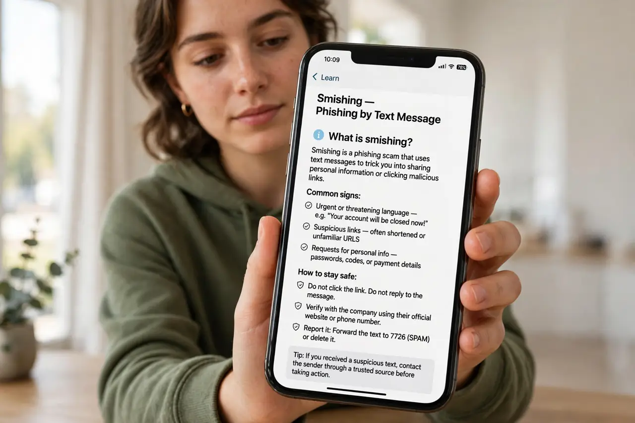 Photoreal photo of a person performing the first step: Know what smishing is. Smishing is phishing delivered by text message. Attackers blast milli...