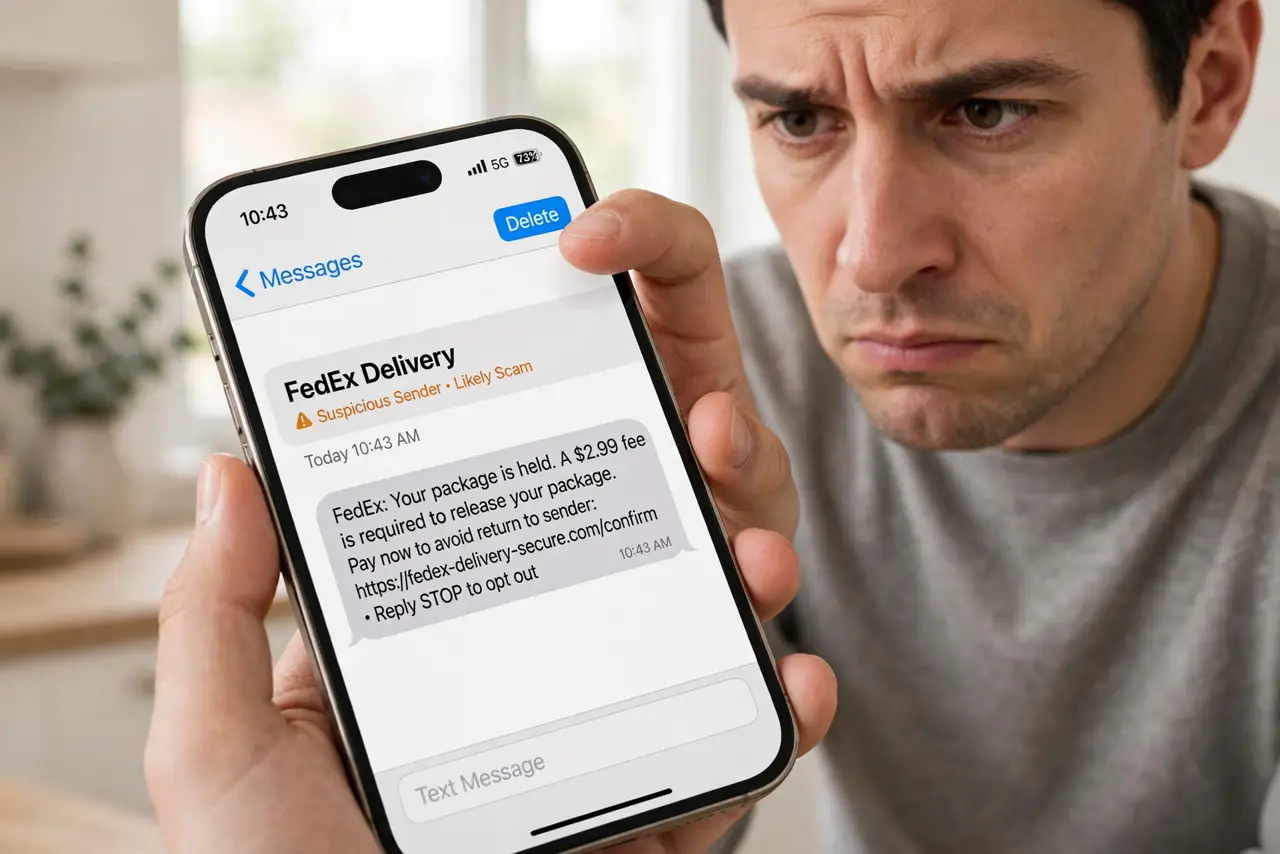 Photoreal photo: a person holding a real iPhone showing a legible suspicious delivery text message, the person's thumb hovering over delete, face skeptical, bright room. No black screen, no blank white screen, no f...