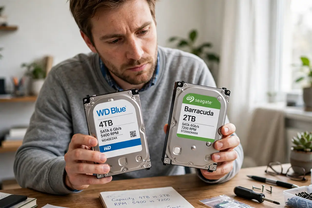 a person holding two real hard drives with labels legible, comparing them on a desk, the person's face thoughtful, well-lit room. No black screen, no blank white screen, no fake or.