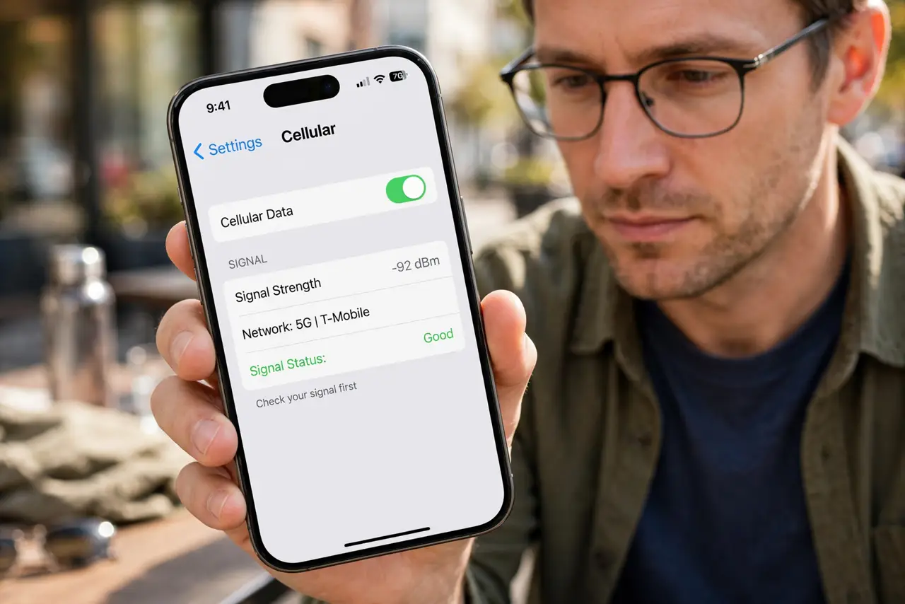 Step 1 in action for SMS Codes Arrive Late: Check your signal first.