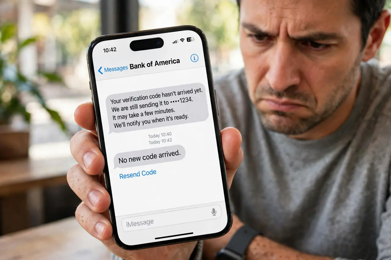 SMS Codes Arrive Late — an impatient adult staring at a real phone showing a messaging app with no new code arrived, the screen fully