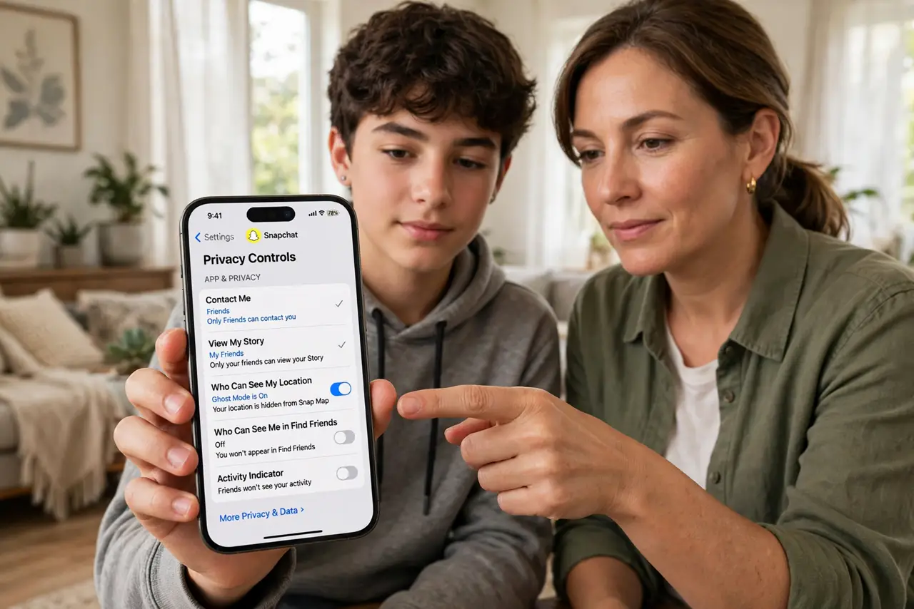 a teenager holding a real iPhone showing the Snapchat settings screen with privacy options legibly visible, a parent beside them pointing at the screen, both...