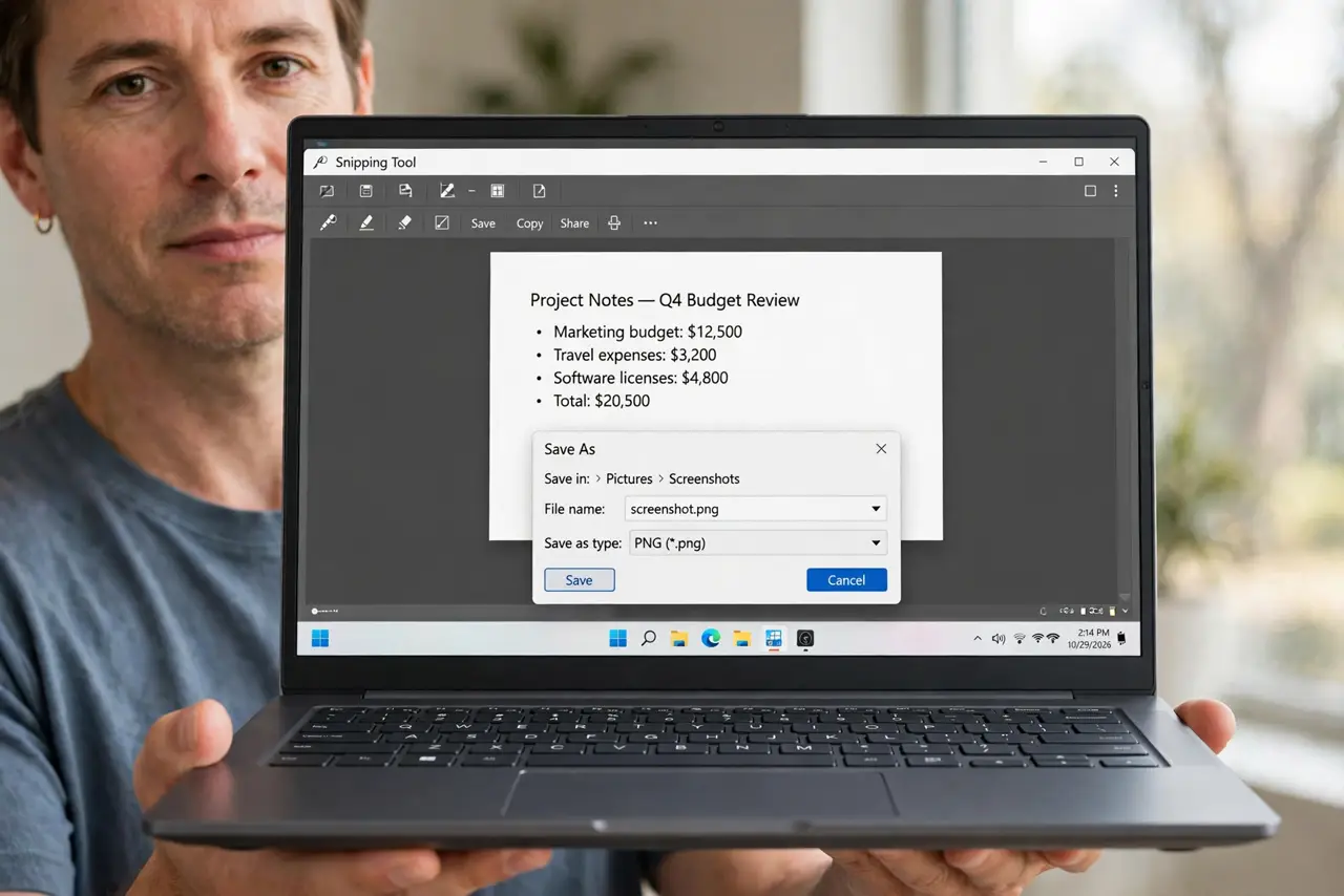a calm adult holding a real Windows laptop toward the viewer, the Snipping Tool open on the real laptop screen with a captured area and the save dialog clearly legible.