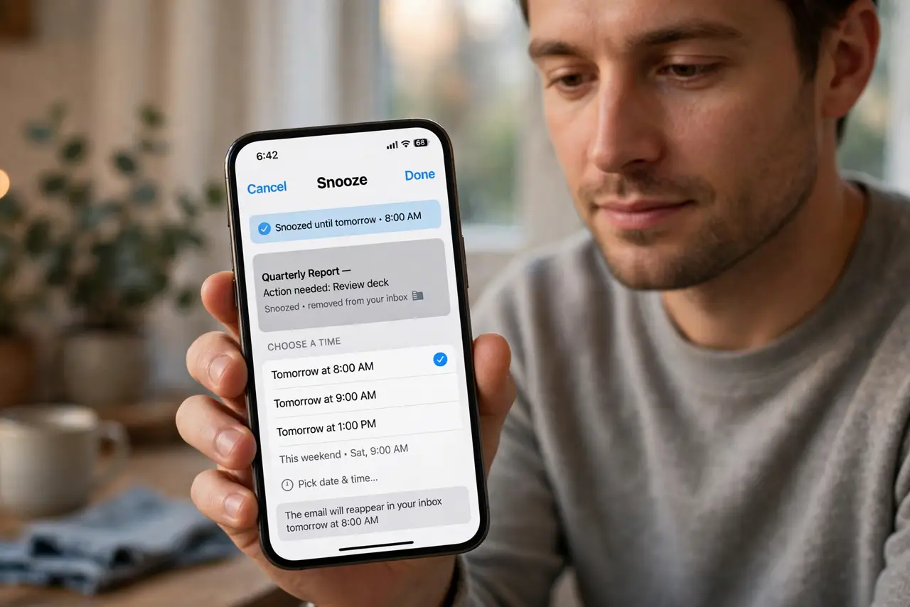 a person on a real phone choosing a snooze time for an email, the email disappearing from the inbox with a 'snoozed until tomorrow' note, the person's face c...