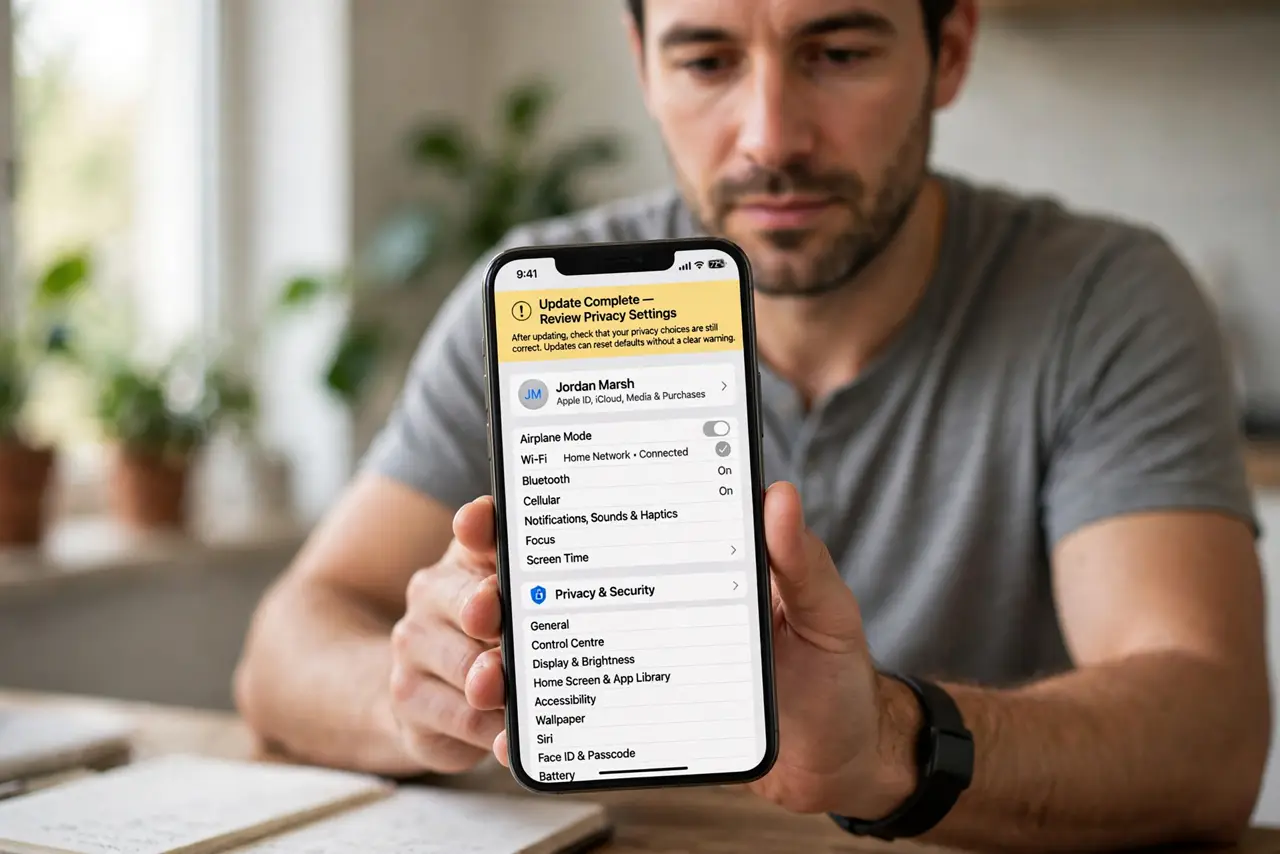 Privacy Reset After an Update? Restore It Now — step 1 being performed on the device.