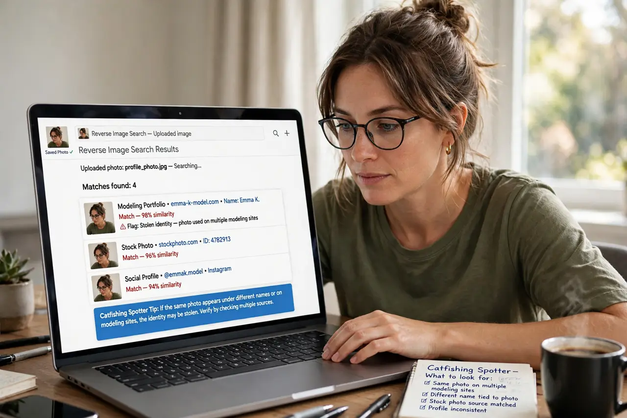 A person performing the first step of the guide: Reverse-image-search the photos.