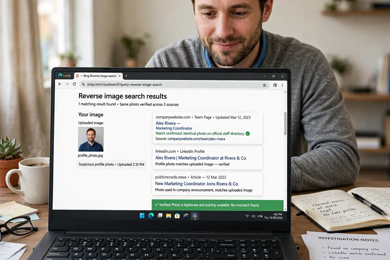 a person reverse-image-searching a suspicious profile photo on a real laptop with matching results legible, the person's face vindicated, desk.