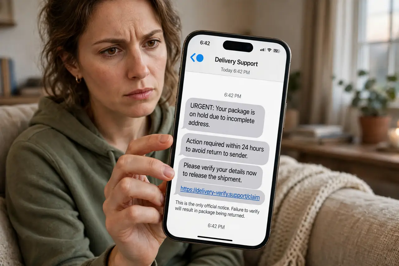 a person staring suspiciously at a real phone showing a scam DM with legible urgent text, finger hovering but not tapping, the person's face wary, evening couch.