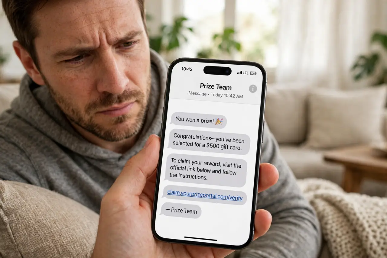 a person squinting at a real phone showing a you won a prize DM with legible text, finger not tapping, the person's face skeptical, couch.